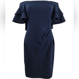 LAUREN RALPH LAUREN Womens Navy Overlay Flutter Sleeve Sheath Dress 2